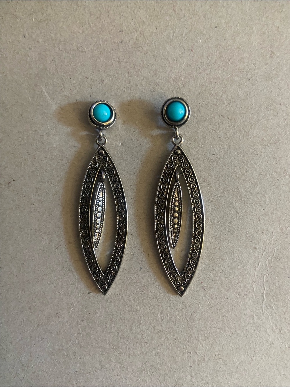 Silver Filigree Drop Earrings with Turquoise Cabochon